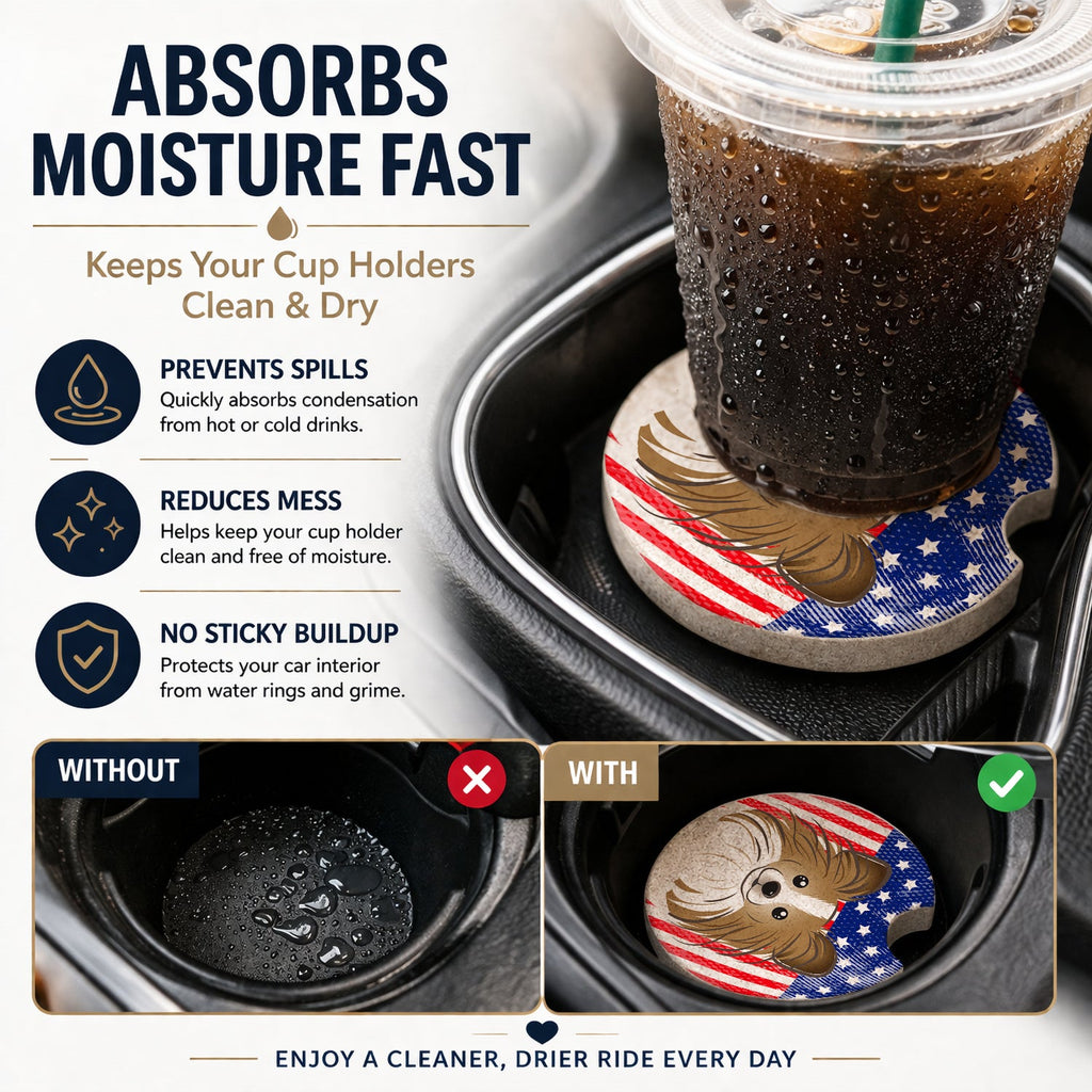 American Flag and Papillon Set of 2 Cup Holder Car Coasters Absorbent Round Sandstone Coasters Gifts for Men or Women, 2.5, Multicolor