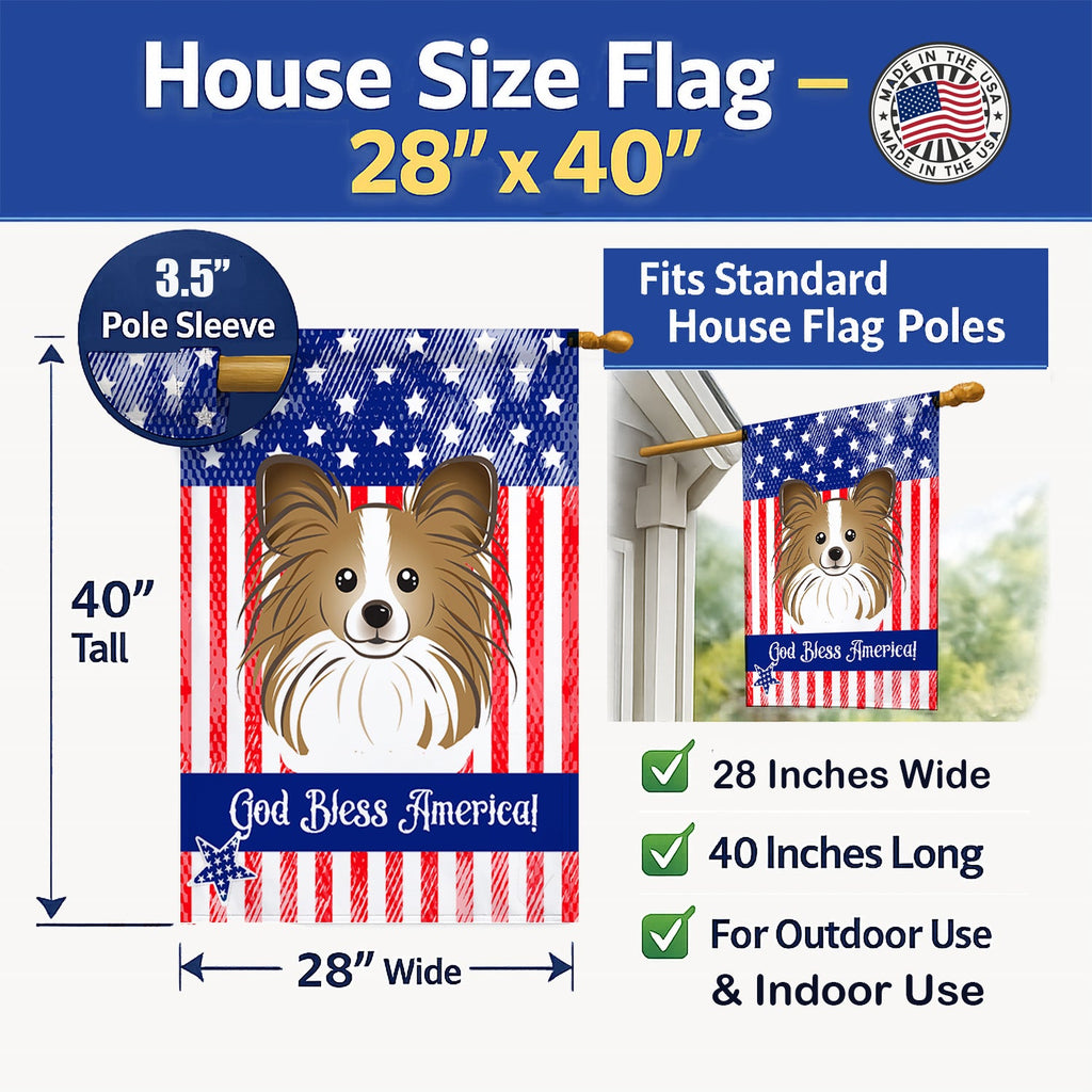 American Flag and Papillon House Flag 28x40 Porch Sleeve Pole Decorative Outside Yard Banner Artwork Wall Hanging, Polyester