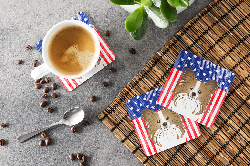 American Flag and Papillon Foam Coasters Set of 4 Cup Coasters for Indoor Outdoor, Tabletop Protection, Anti Slip, Mouse pad Material