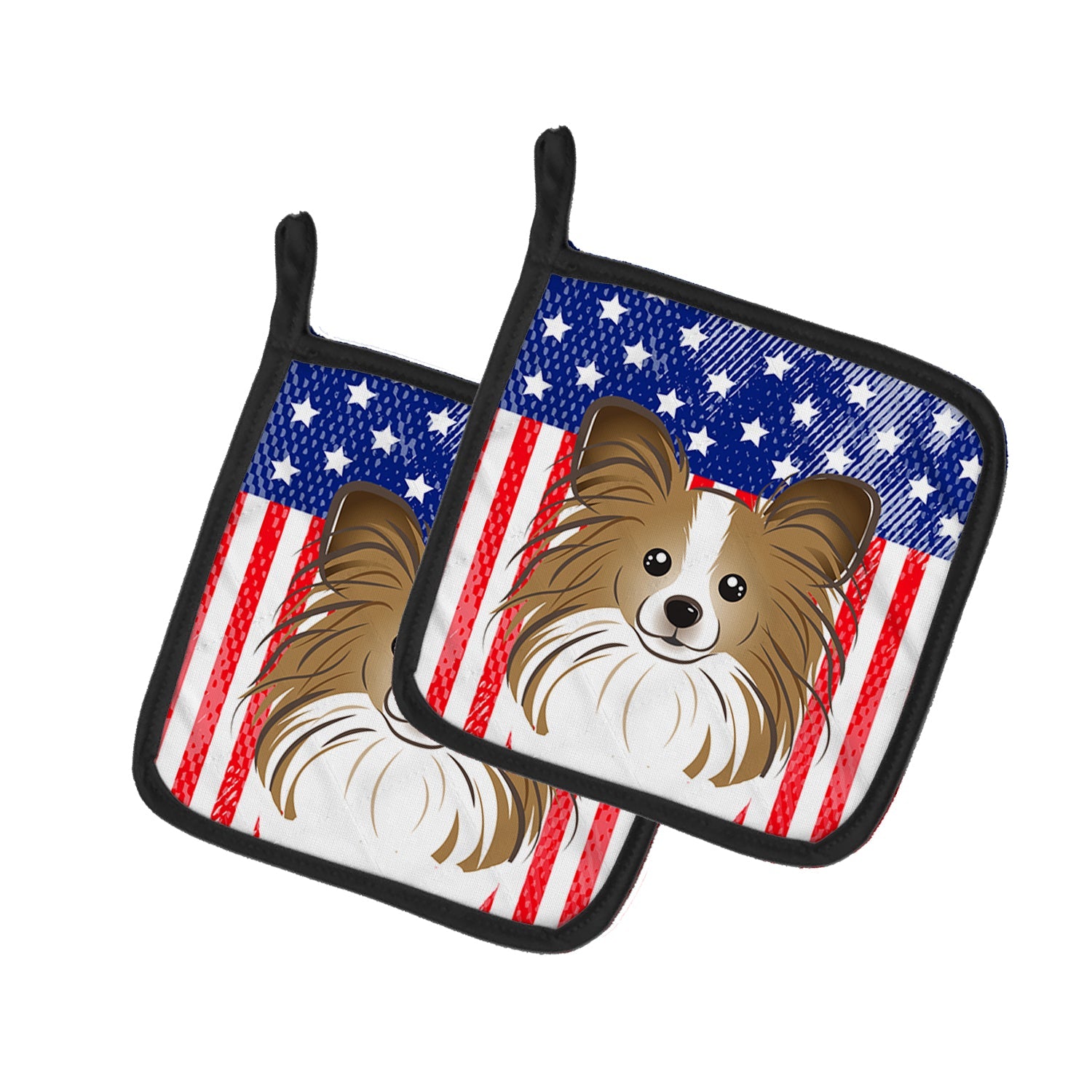 American Flag and Papillon Pot Holder Set of 2 Heat Resistant Quilted Hot Pads 7.5 x 7.5 Inch, Insulated Kitchen Trivets for Cooking & Baking