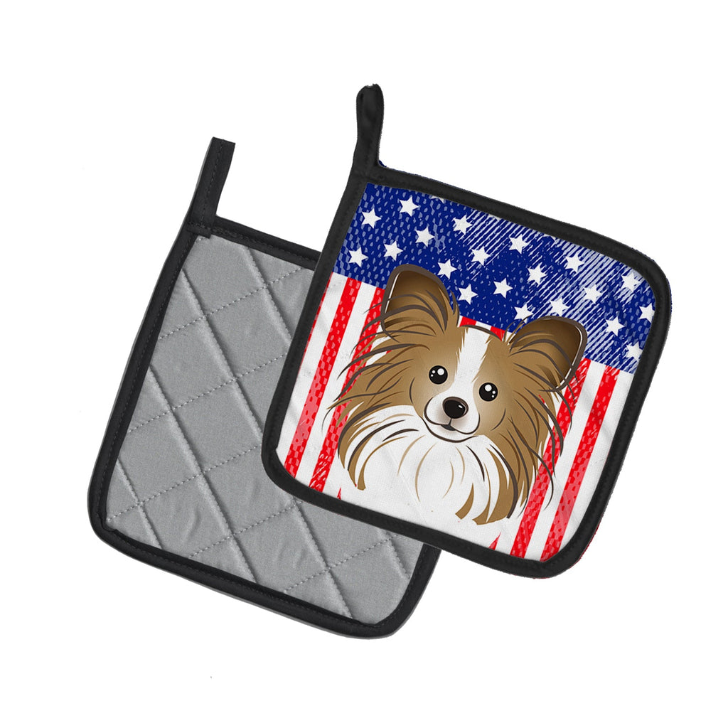 American Flag and Papillon Pot Holder Set of 2 Heat Resistant Quilted Hot Pads 7.5 x 7.5 Inch, Insulated Kitchen Trivets for Cooking & Baking