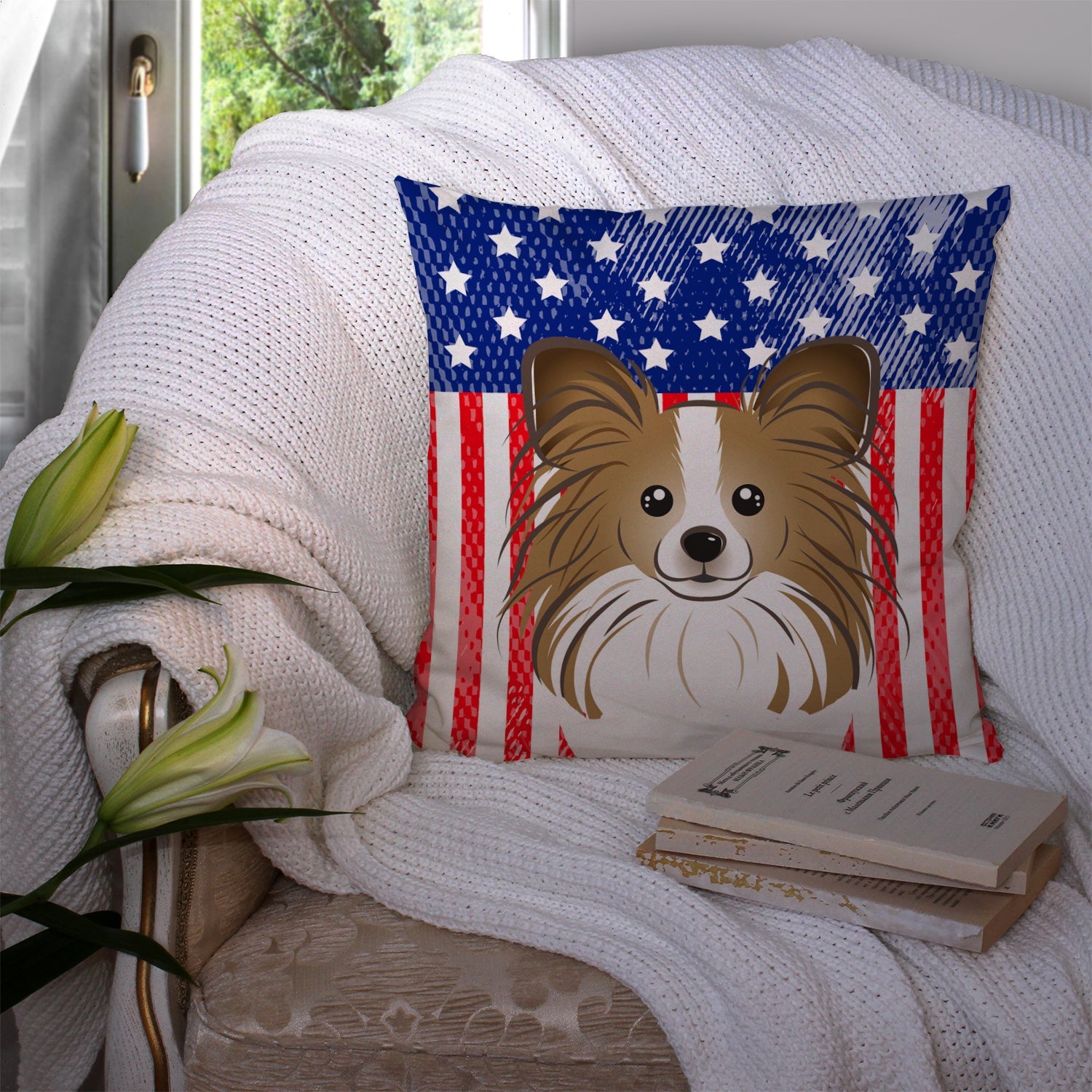 American Flag and Papillon Decorative Throw Pillow 14x14 Indoor Outdoor Accent Cushion, Fabric Cover with Insert for Sofa, Bed, Porch & Living Room
