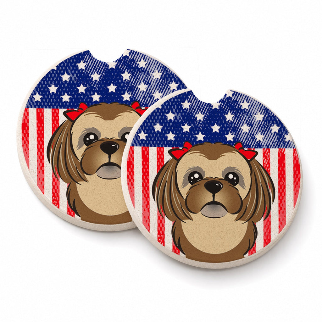 American Flag and Chocolate Brown Shih Tzu Set of 2 Cup Holder Car Coasters Absorbent Round Sandstone Coasters Gifts for Men or Women, 2.5, Multicolor