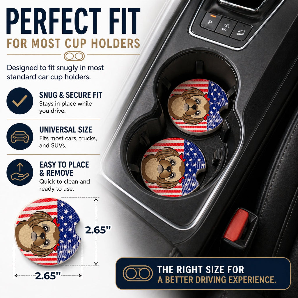 American Flag and Chocolate Brown Shih Tzu Set of 2 Cup Holder Car Coasters Absorbent Round Sandstone Coasters Gifts for Men or Women, 2.5, Multicolor