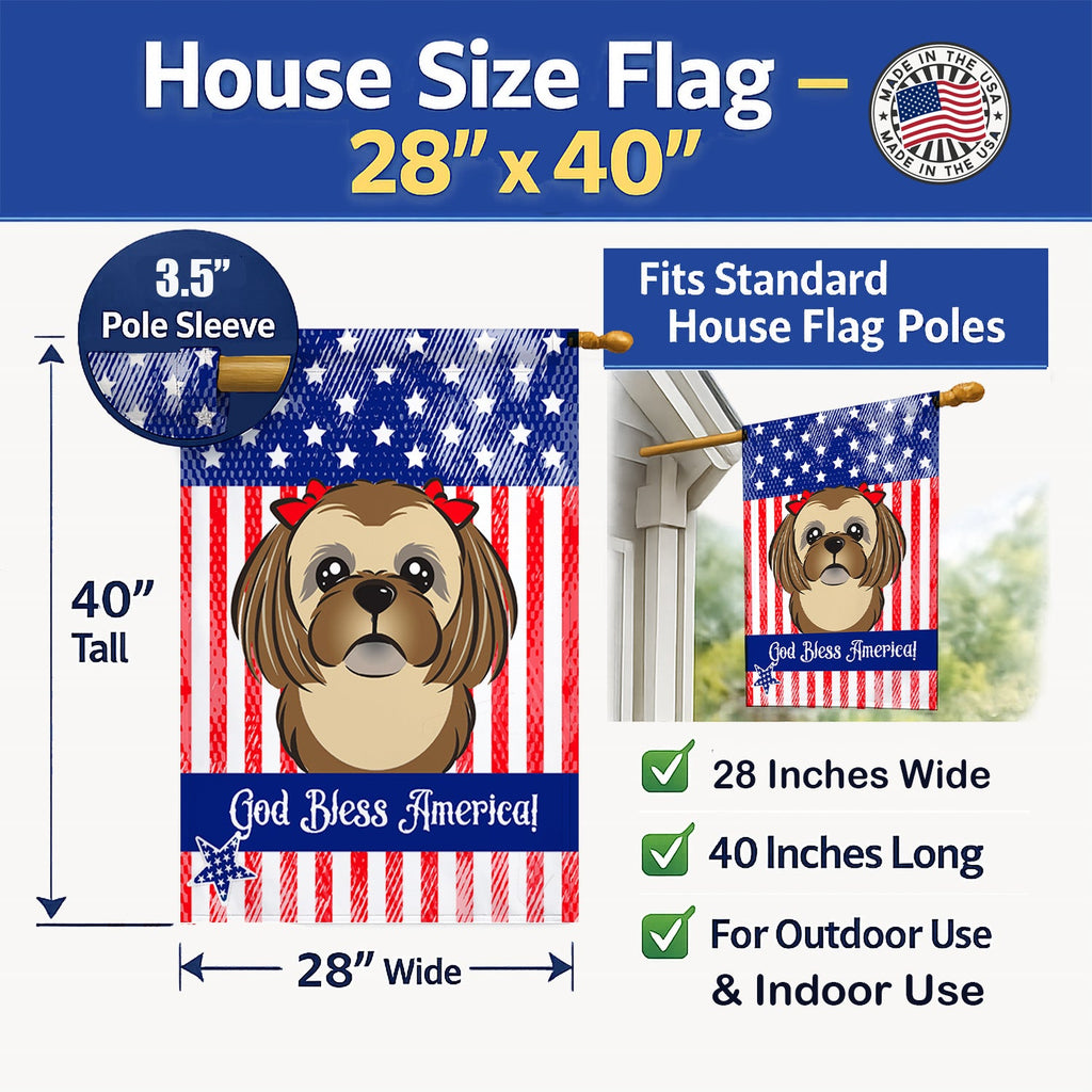 American Flag and Chocolate Brown Shih Tzu House Flag 28x40 Porch Sleeve Pole Decorative Outside Yard Banner Artwork Wall Hanging, Polyester