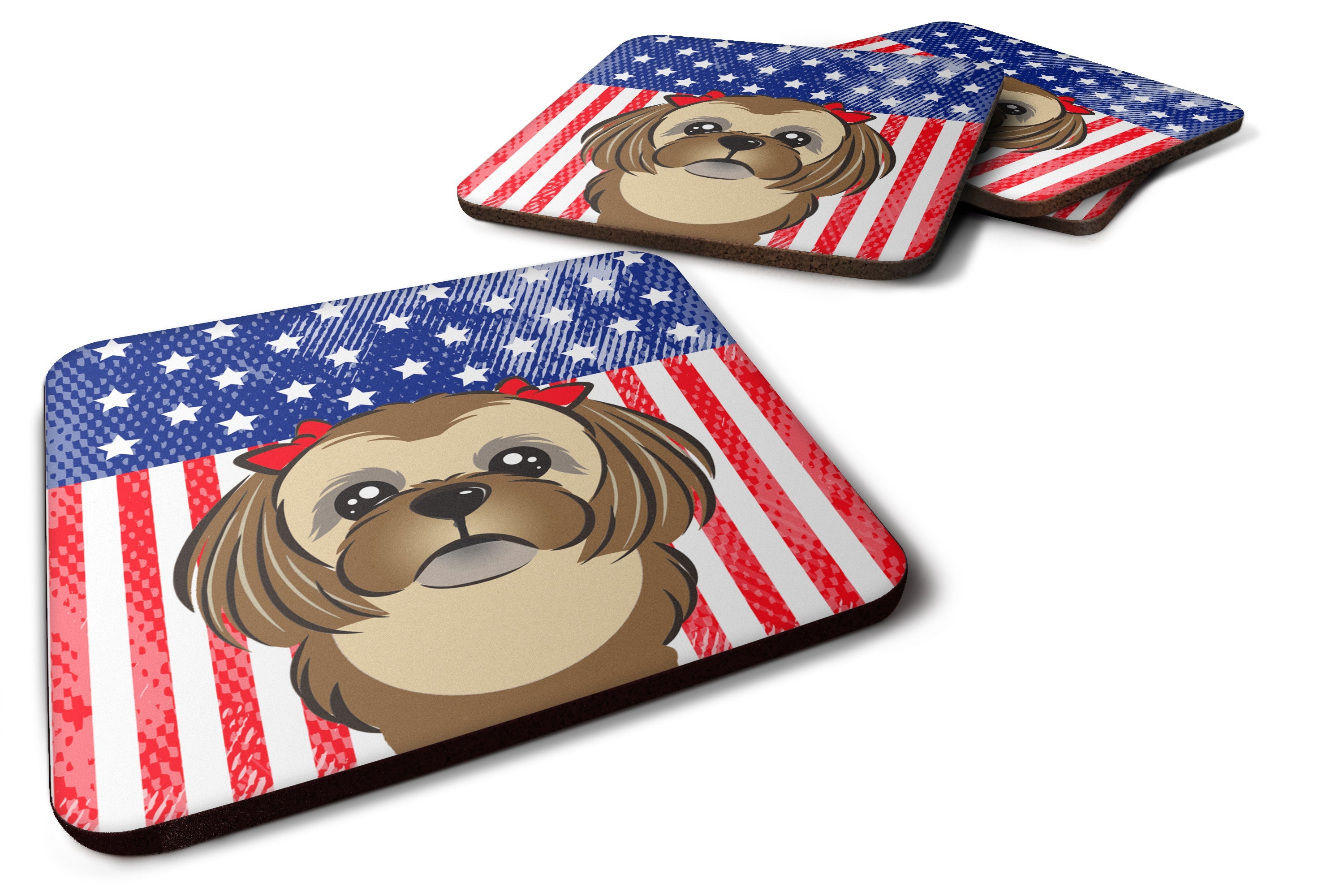 American Flag and Chocolate Brown Shih Tzu Foam Coasters Set of 4 Cup Coasters for Indoor Outdoor, Tabletop Protection, Anti Slip, Mouse pad Material