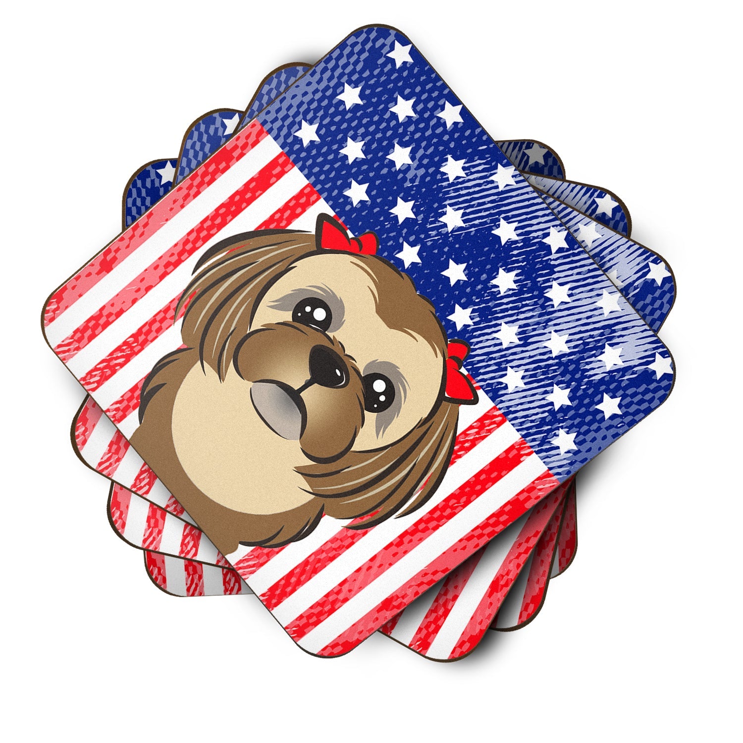American Flag and Chocolate Brown Shih Tzu Foam Coasters Set of 4 Cup Coasters for Indoor Outdoor, Tabletop Protection, Anti Slip, Mouse pad Material