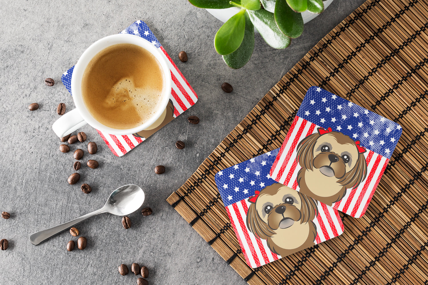 American Flag and Chocolate Brown Shih Tzu Foam Coasters Set of 4 Cup Coasters for Indoor Outdoor, Tabletop Protection, Anti Slip, Mouse pad Material