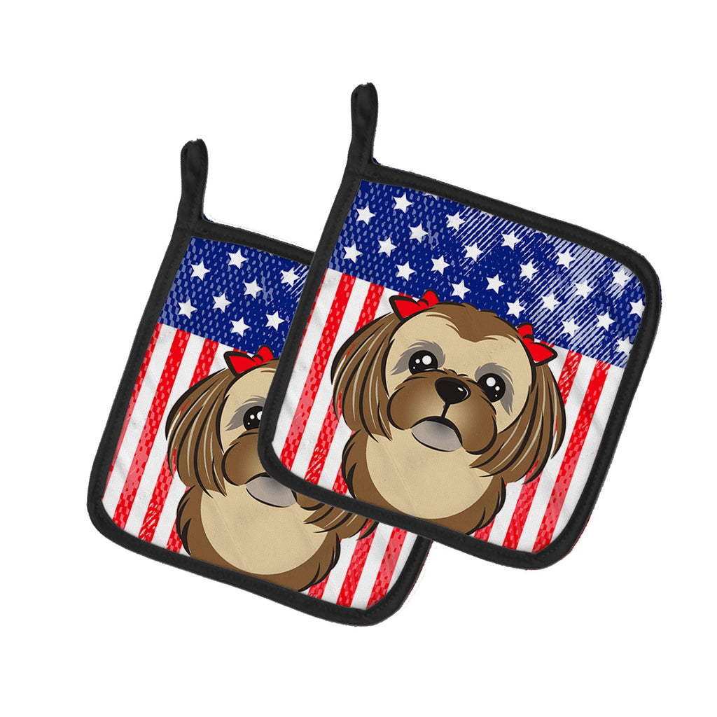 American Flag and Chocolate Brown Shih Tzu Pot Holder Set of 2 Heat Resistant Quilted Hot Pads 7.5 x 7.5 Inch, Insulated Kitchen Trivets for Cooking & Baking