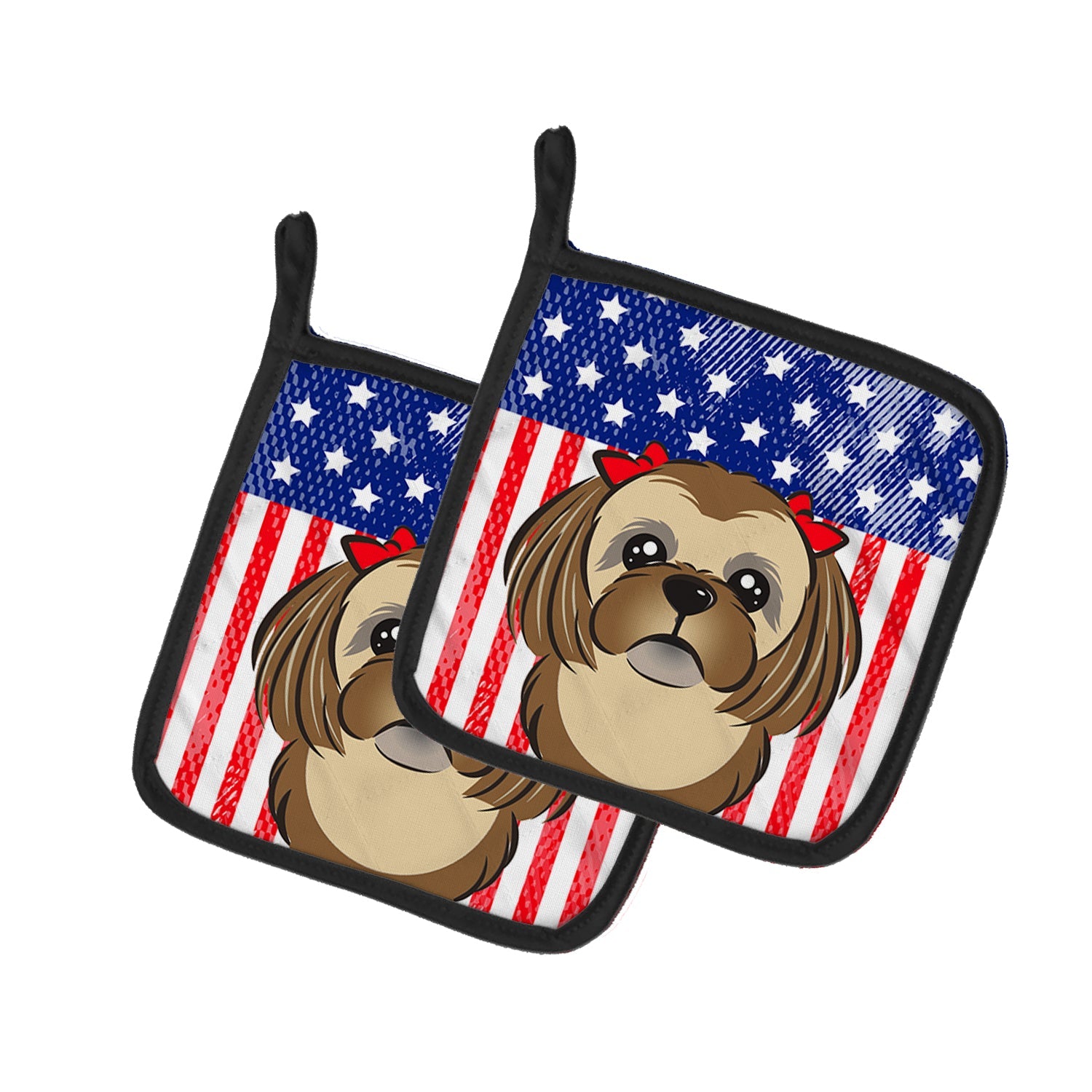 American Flag and Chocolate Brown Shih Tzu Pot Holder Set of 2 Heat Resistant Quilted Hot Pads 7.5 x 7.5 Inch, Insulated Kitchen Trivets for Cooking & Baking