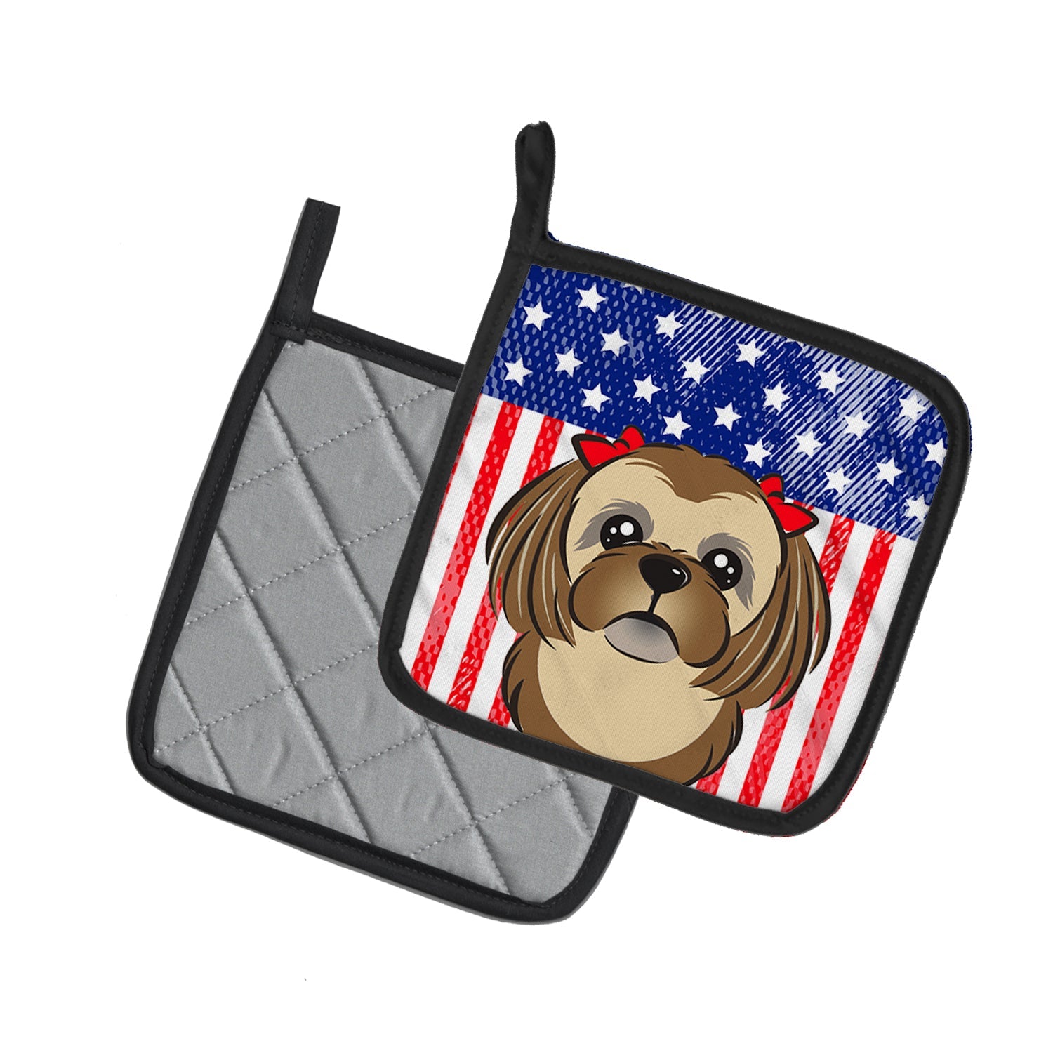 American Flag and Chocolate Brown Shih Tzu Pot Holder Set of 2 Heat Resistant Quilted Hot Pads 7.5 x 7.5 Inch, Insulated Kitchen Trivets for Cooking & Baking