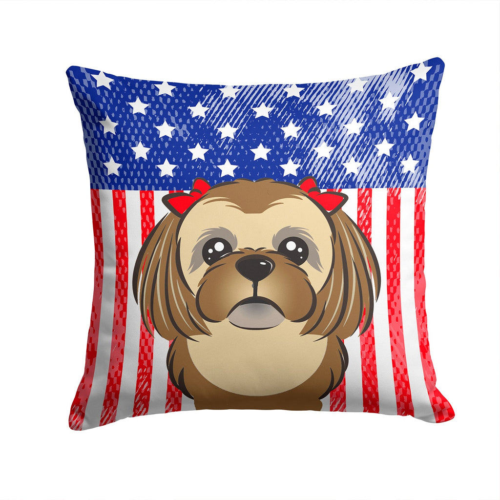 American Flag and Chocolate Brown Shih Tzu Decorative Throw Pillow 14x14 Indoor Outdoor Accent Cushion, Fabric Cover with Insert for Sofa, Bed, Porch & Living Room