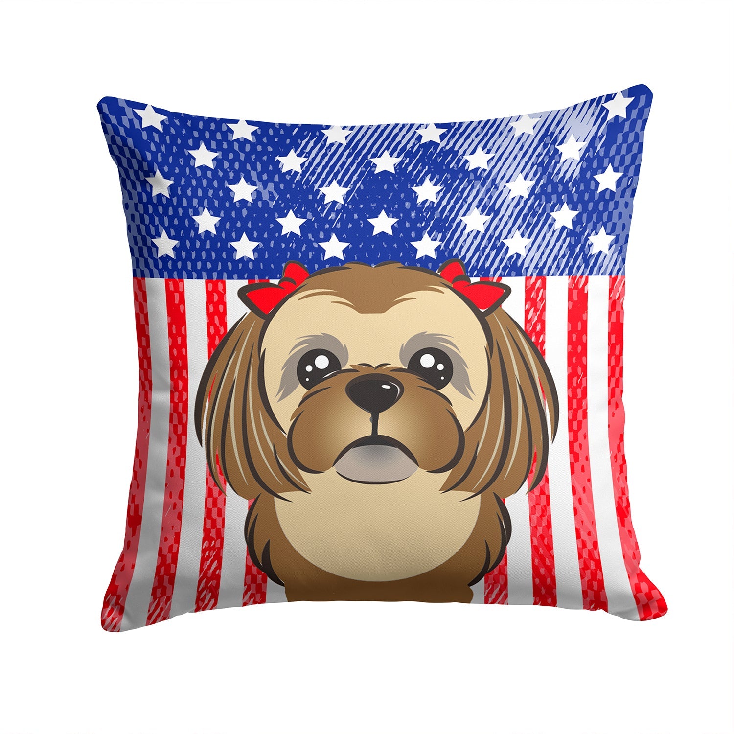 American Flag and Chocolate Brown Shih Tzu Decorative Throw Pillow 14x14 Indoor Outdoor Accent Cushion, Fabric Cover with Insert for Sofa, Bed, Porch & Living Room