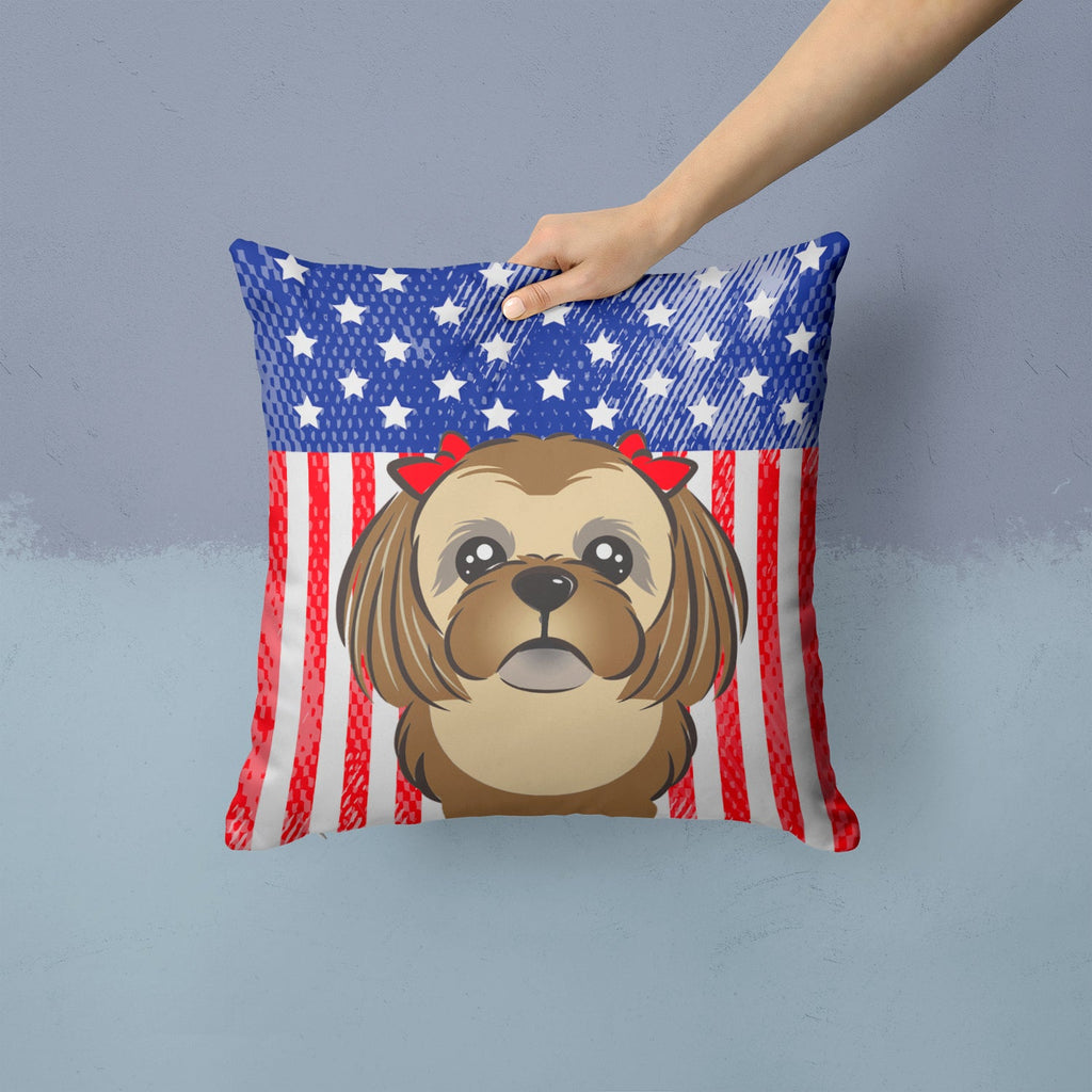 American Flag and Chocolate Brown Shih Tzu Decorative Throw Pillow 14x14 Indoor Outdoor Accent Cushion, Fabric Cover with Insert for Sofa, Bed, Porch & Living Room