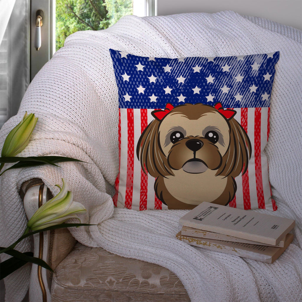 American Flag and Chocolate Brown Shih Tzu Decorative Throw Pillow 14x14 Indoor Outdoor Accent Cushion, Fabric Cover with Insert for Sofa, Bed, Porch & Living Room