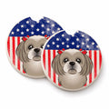 American Flag and Gray Silver Shih Tzu Set of 2 Cup Holder Car Coasters Absorbent Round Sandstone Coasters Gifts for Men or Women, 2.5, Multicolor