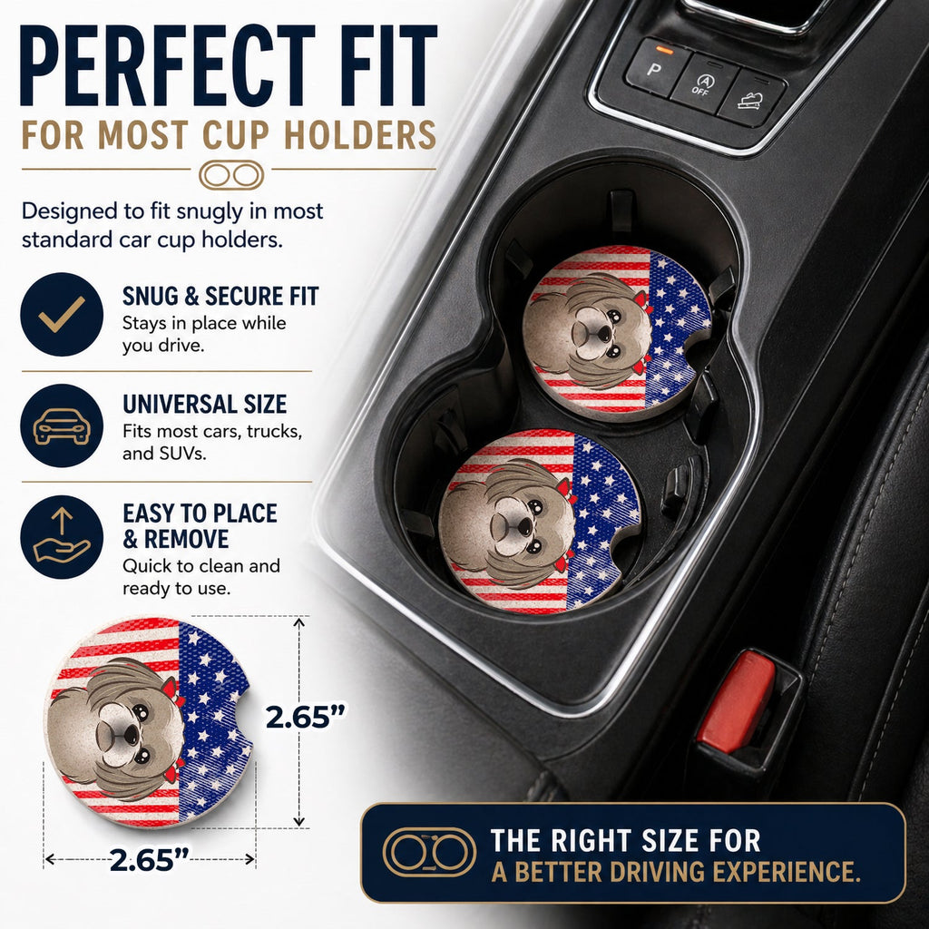American Flag and Gray Silver Shih Tzu Set of 2 Cup Holder Car Coasters Absorbent Round Sandstone Coasters Gifts for Men or Women, 2.5, Multicolor
