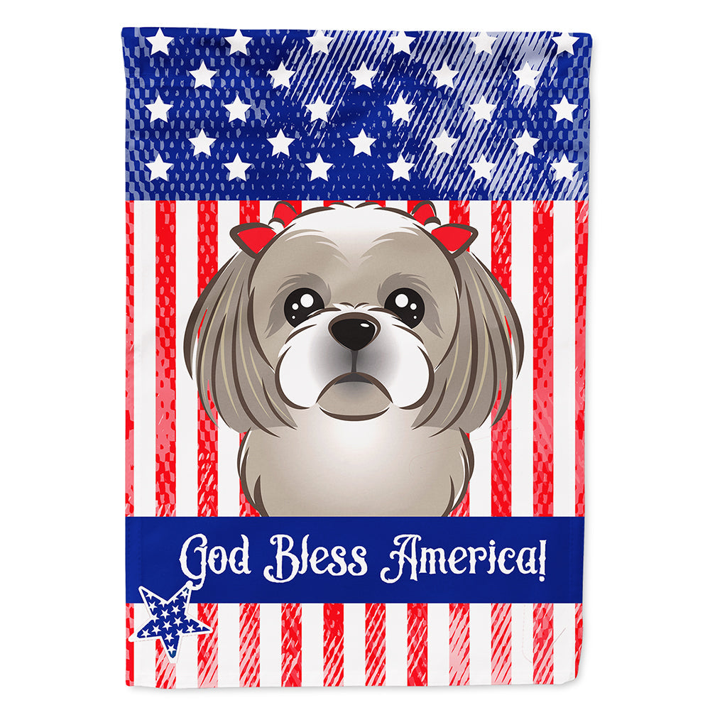 American Flag and Gray Silver Shih Tzu House Flag 28x40 Porch Sleeve Pole Decorative Outside Yard Banner Artwork Wall Hanging, Polyester