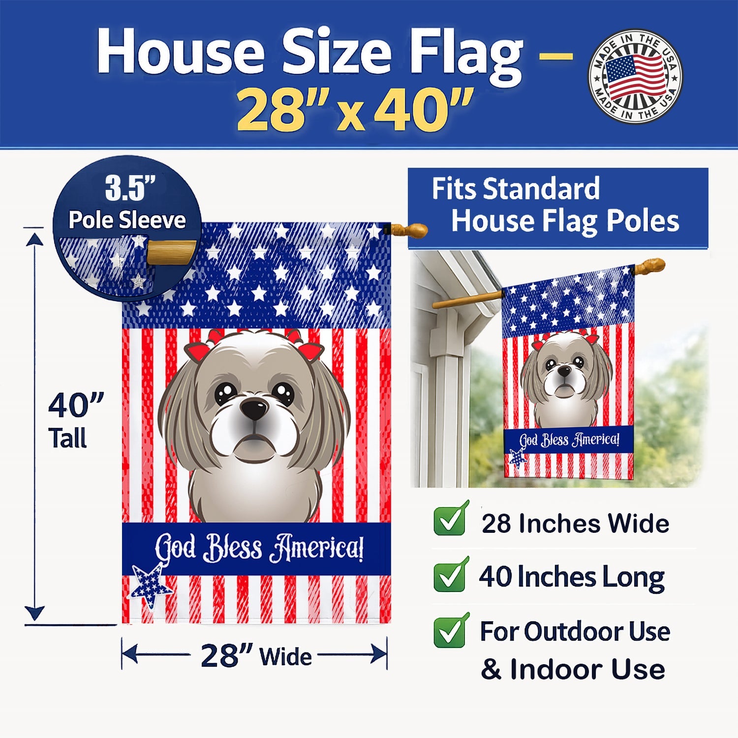 American Flag and Gray Silver Shih Tzu House Flag 28x40 Porch Sleeve Pole Decorative Outside Yard Banner Artwork Wall Hanging, Polyester
