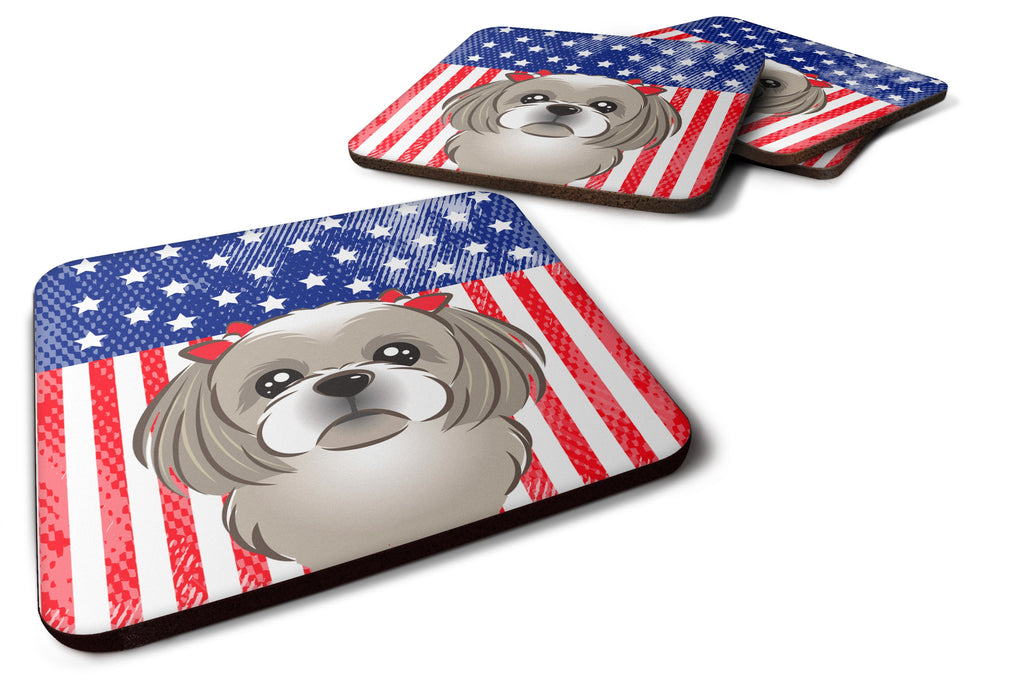 American Flag and Gray Silver Shih Tzu Foam Coasters Set of 4 Cup Coasters for Indoor Outdoor, Tabletop Protection, Anti Slip, Mouse pad Material
