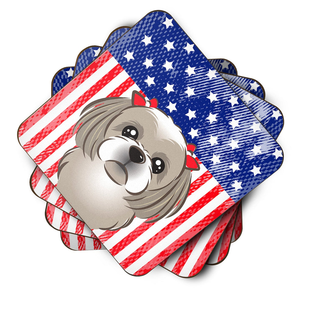 American Flag and Gray Silver Shih Tzu Foam Coasters Set of 4 Cup Coasters for Indoor Outdoor, Tabletop Protection, Anti Slip, Mouse pad Material