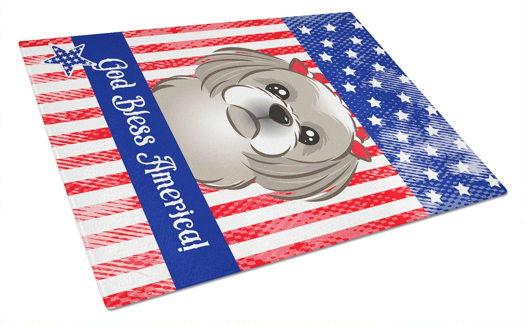 American Flag and Gray Silver Shih Tzu Cutting Board Tempered Glass Kitchen Cutting Surface, Heat Resistant Chopping, Non-Slip Feet, Food Prep & Serving