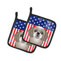 American Flag and Gray Silver Shih Tzu Pot Holder Set of 2 Heat Resistant Quilted Hot Pads 7.5 x 7.5 Inch, Insulated Kitchen Trivets for Cooking & Baking