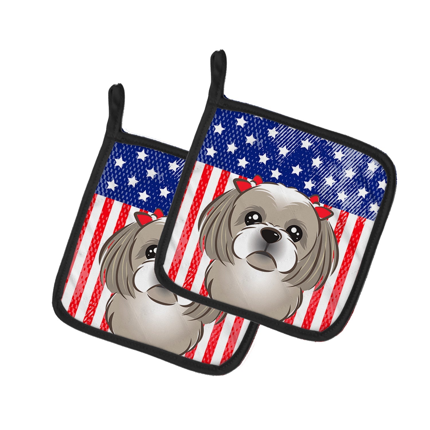 American Flag and Gray Silver Shih Tzu Pot Holder Set of 2 Heat Resistant Quilted Hot Pads 7.5 x 7.5 Inch, Insulated Kitchen Trivets for Cooking & Baking