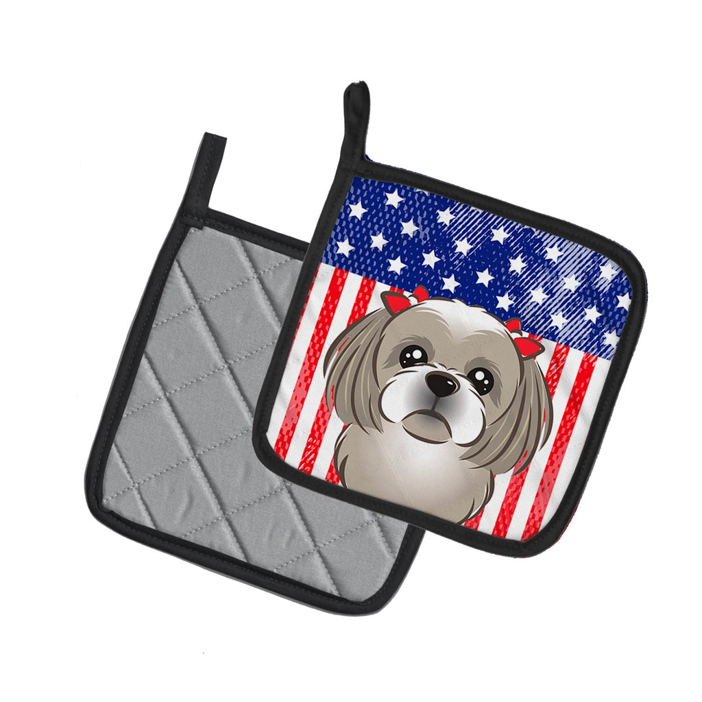 American Flag and Gray Silver Shih Tzu Pot Holder Set of 2 Heat Resistant Quilted Hot Pads 7.5 x 7.5 Inch, Insulated Kitchen Trivets for Cooking & Baking