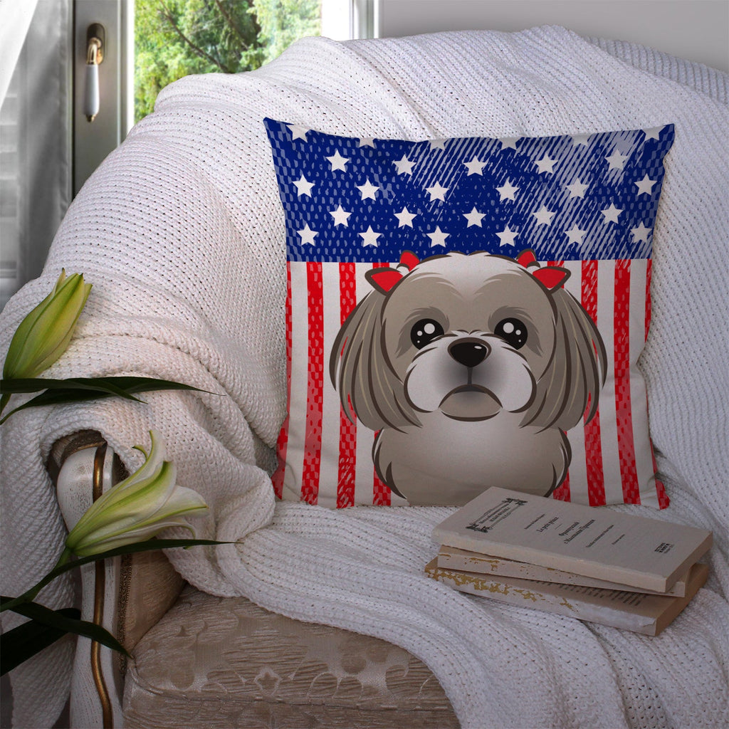 American Flag and Gray Silver Shih Tzu Decorative Throw Pillow 14x14 Indoor Outdoor Accent Cushion, Fabric Cover with Insert for Sofa, Bed, Porch & Living Room