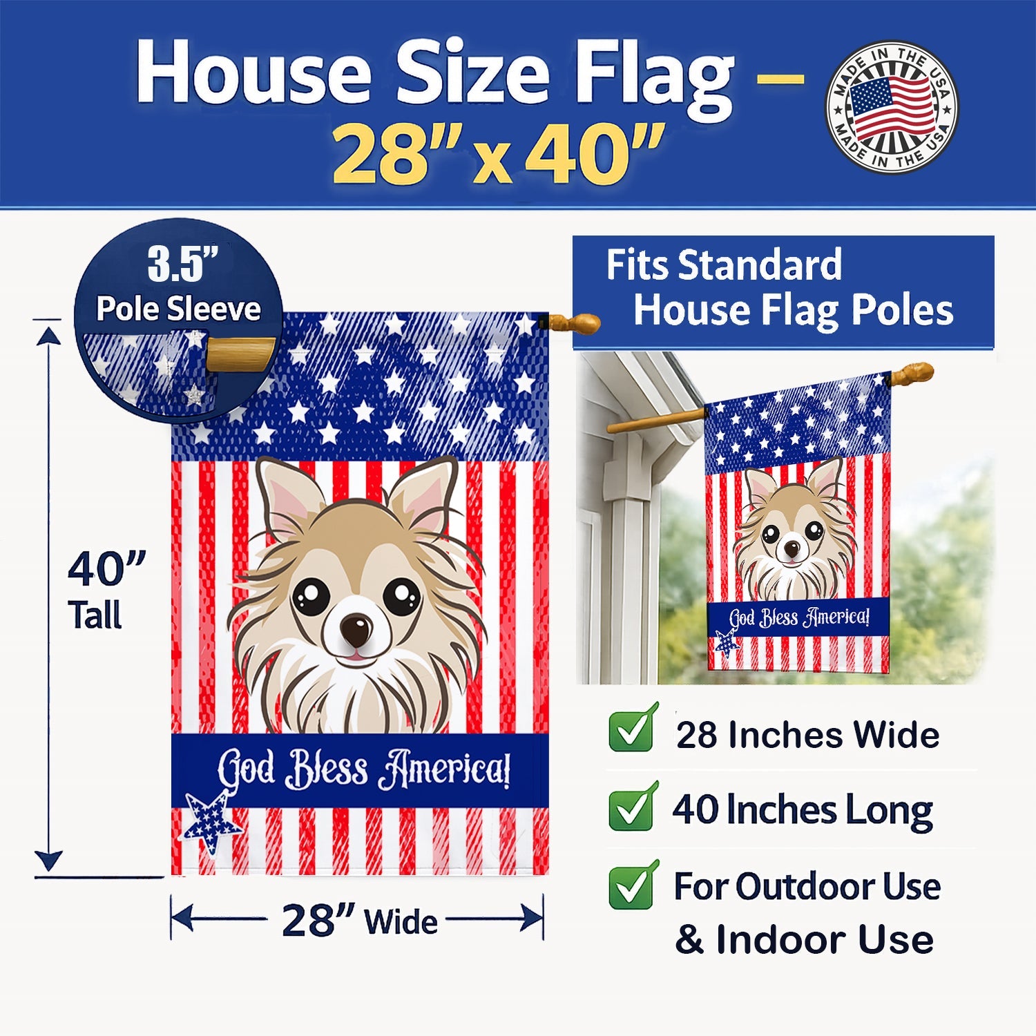 American Flag and Chihuahua House Flag 28x40 Porch Sleeve Pole Decorative Outside Yard Banner Artwork Wall Hanging, Polyester