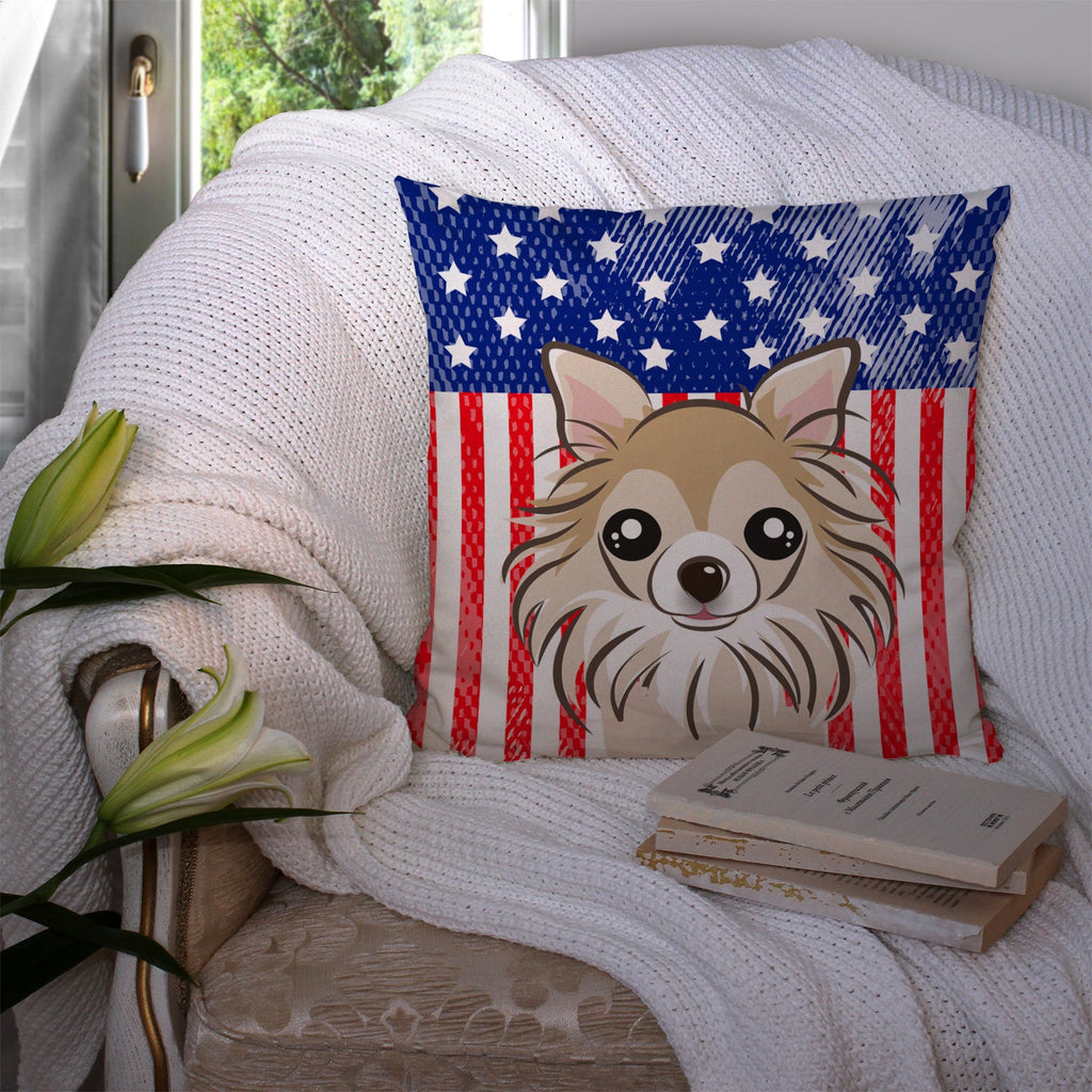 American Flag and Chihuahua Decorative Throw Pillow 14x14 Indoor Outdoor Accent Cushion, Fabric Cover with Insert for Sofa, Bed, Porch & Living Room