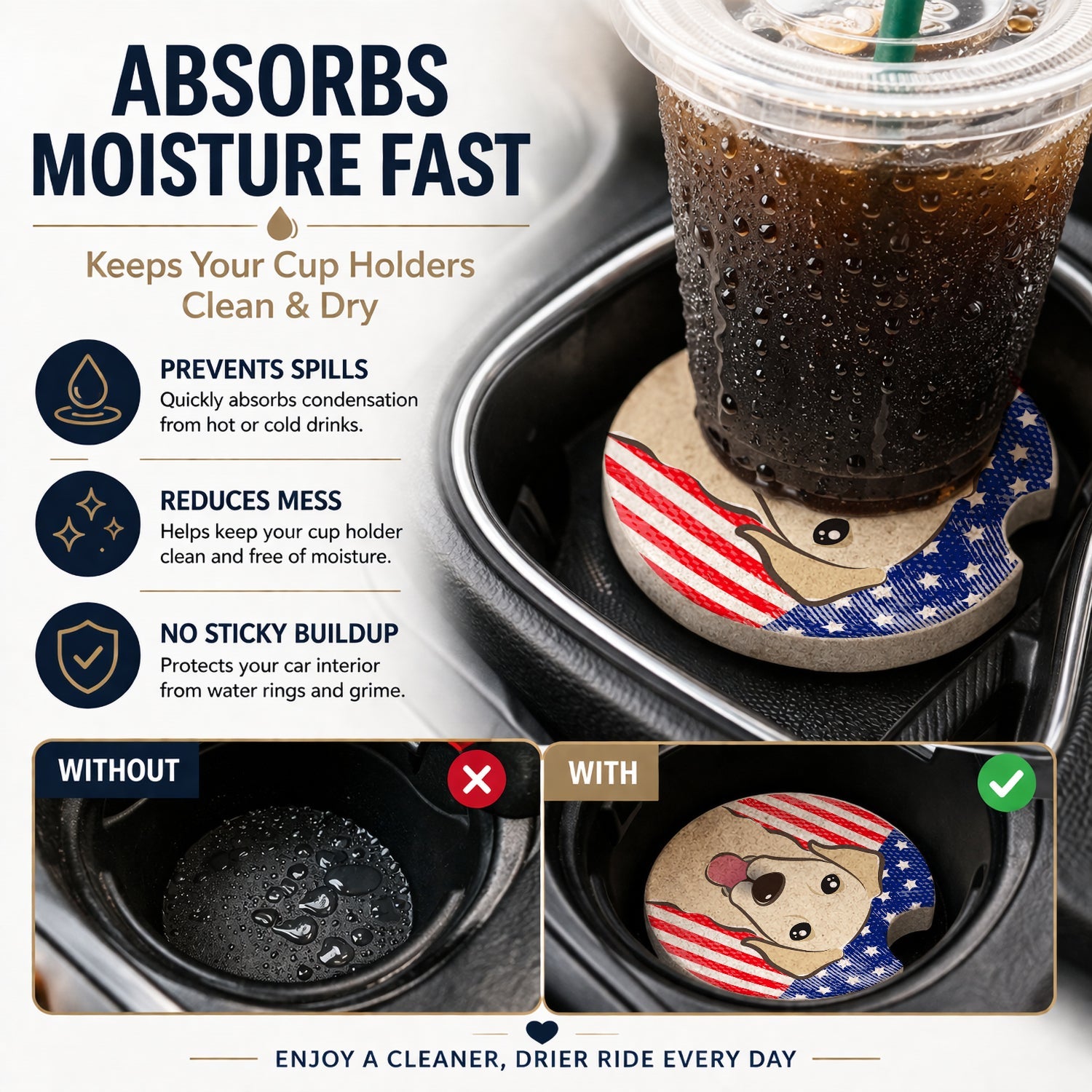 American Flag and Golden Retriever Set of 2 Cup Holder Car Coasters Absorbent Round Sandstone Coasters Gifts for Men or Women, 2.5, Multicolor