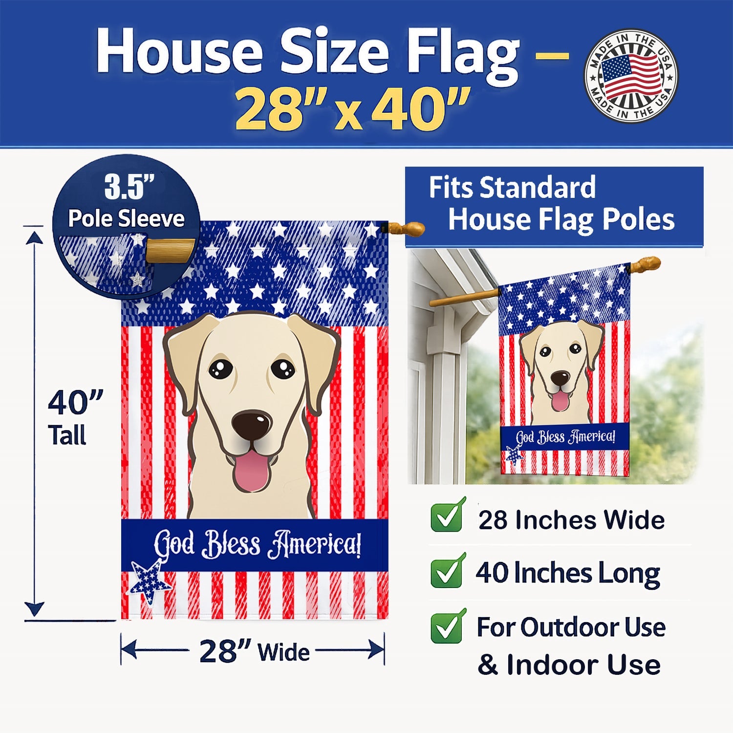 American Flag and Golden Retriever House Flag 28x40 Porch Sleeve Pole Decorative Outside Yard Banner Artwork Wall Hanging, Polyester