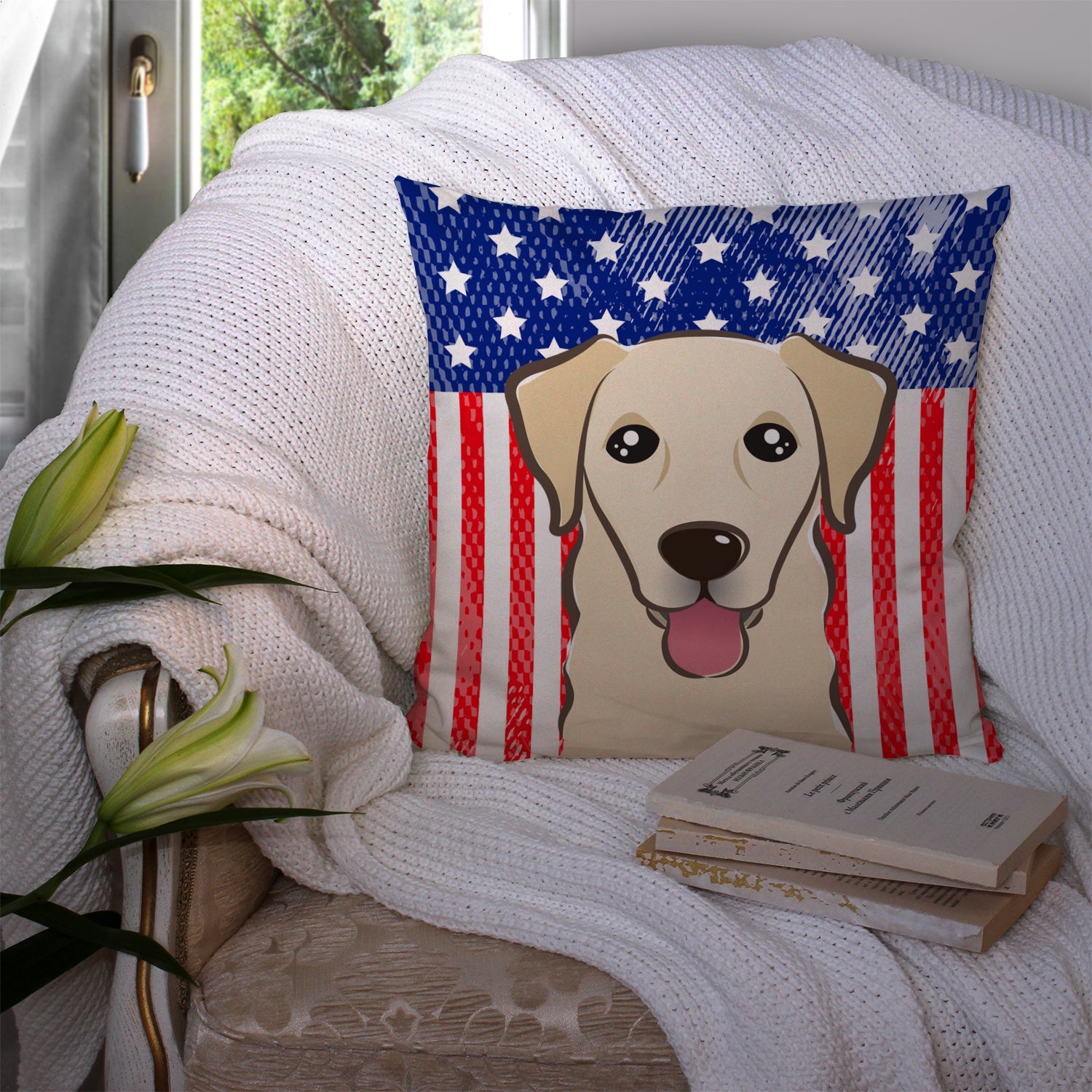 American Flag and Golden Retriever Decorative Throw Pillow 14x14 Indoor Outdoor Accent Cushion, Fabric Cover with Insert for Sofa, Bed, Porch & Living Room