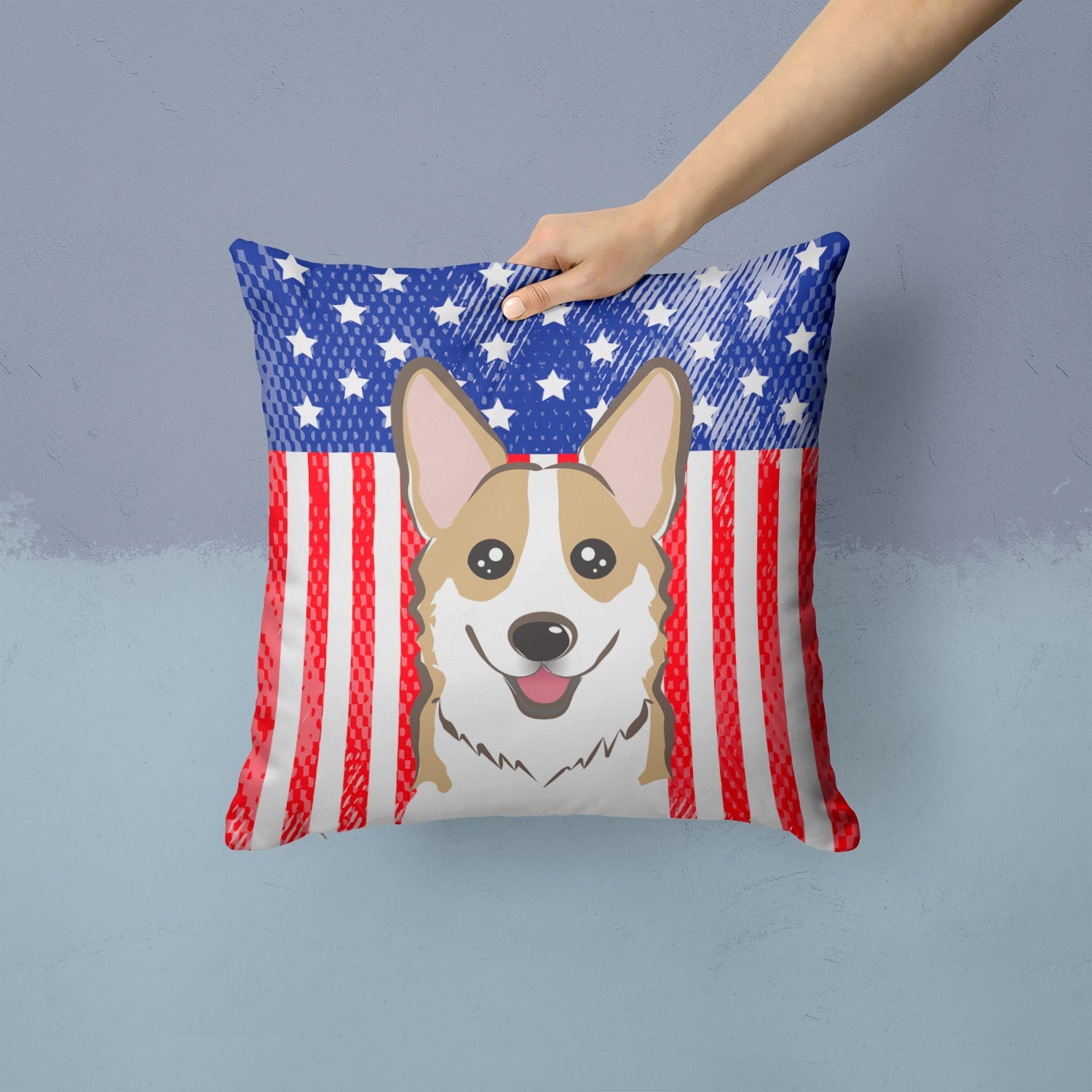 American Flag and Sable Corgi Decorative Throw Pillow 14x14 Indoor Outdoor Accent Cushion, Fabric Cover with Insert for Sofa, Bed, Porch & Living Room