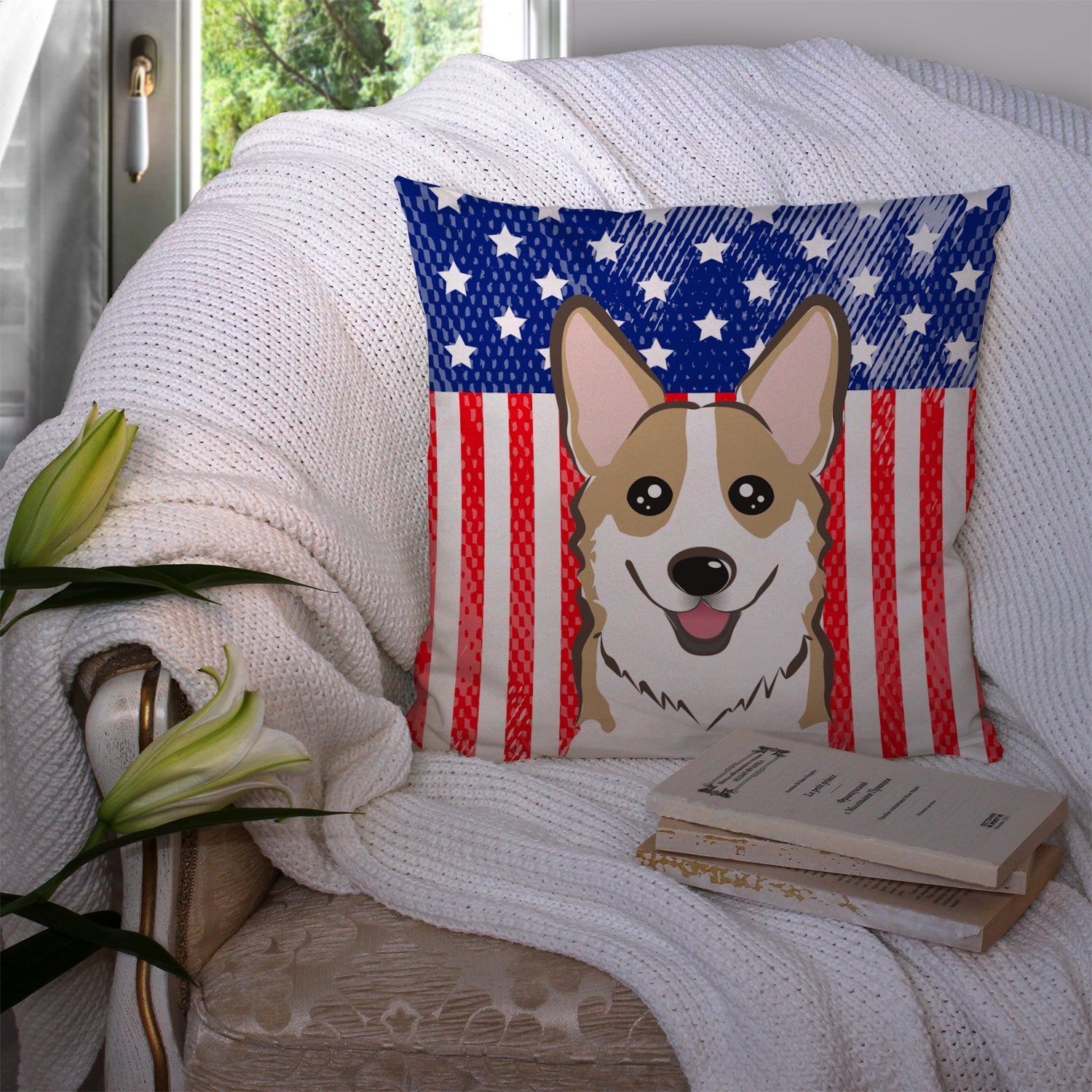 American Flag and Sable Corgi Decorative Throw Pillow 14x14 Indoor Outdoor Accent Cushion, Fabric Cover with Insert for Sofa, Bed, Porch & Living Room