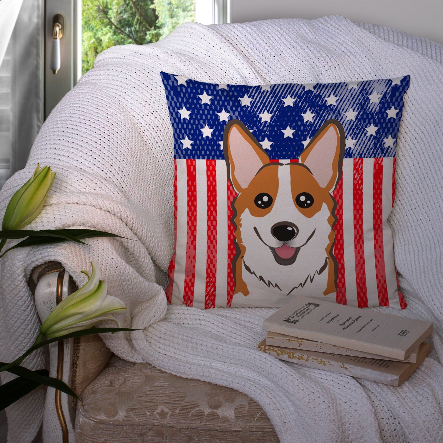 American Flag and Red Corgi Decorative Throw Pillow 14x14 Indoor Outdoor Accent Cushion, Fabric Cover with Insert for Sofa, Bed, Porch & Living Room