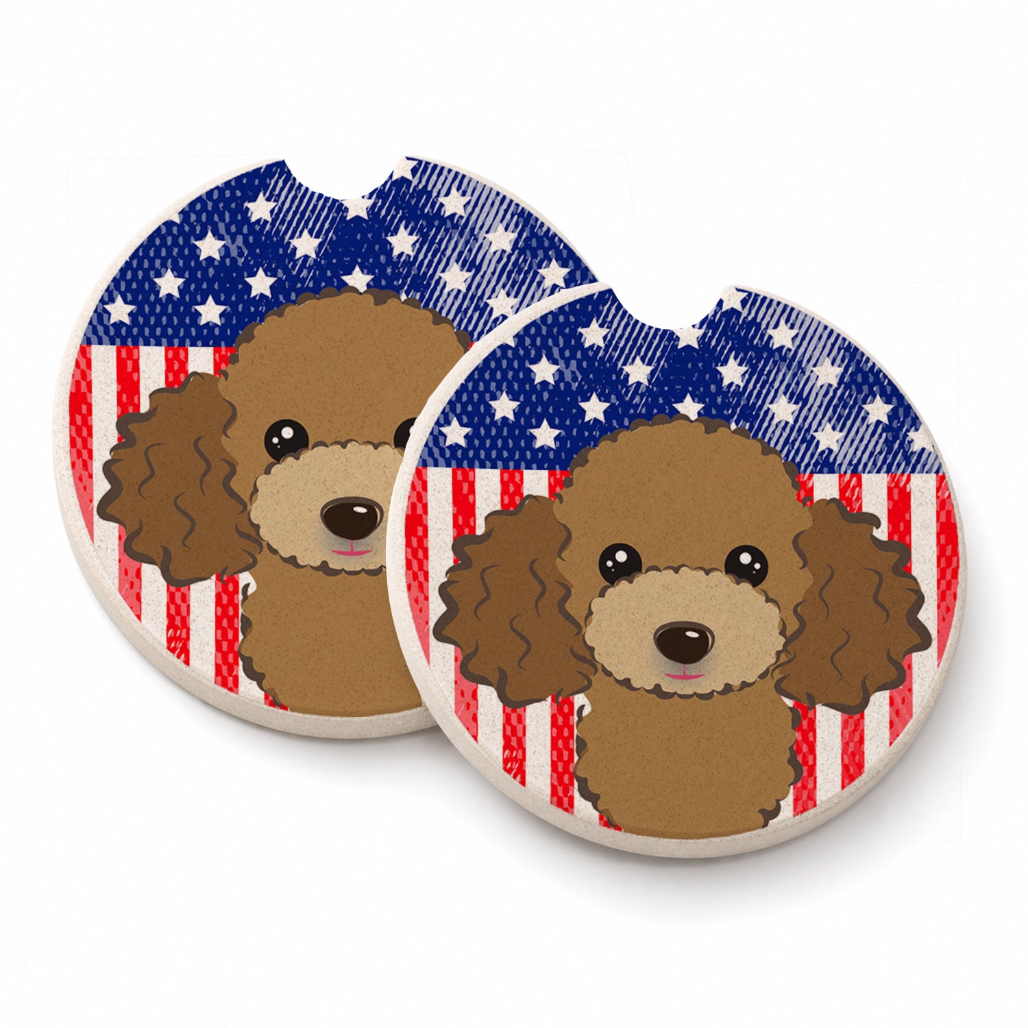 American Flag and Chocolate Brown Poodle Set of 2 Cup Holder Car Coasters Absorbent Round Sandstone Coasters Gifts for Men or Women, 2.5, Multicolor