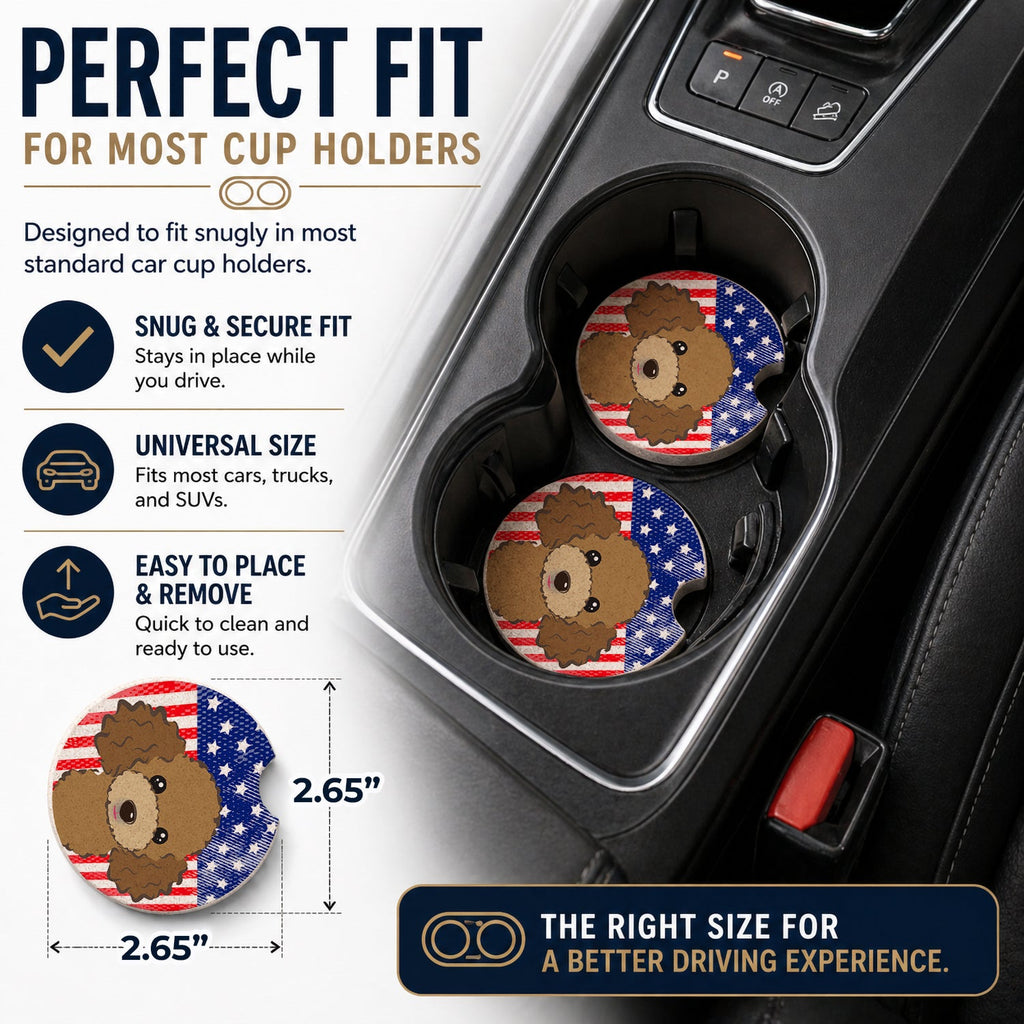 American Flag and Chocolate Brown Poodle Set of 2 Cup Holder Car Coasters Absorbent Round Sandstone Coasters Gifts for Men or Women, 2.5, Multicolor
