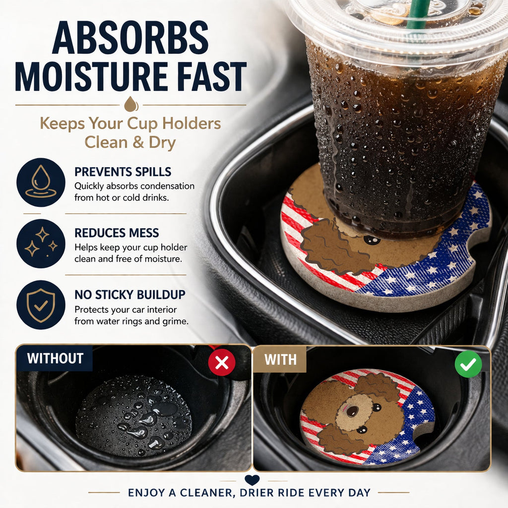 American Flag and Chocolate Brown Poodle Set of 2 Cup Holder Car Coasters Absorbent Round Sandstone Coasters Gifts for Men or Women, 2.5, Multicolor