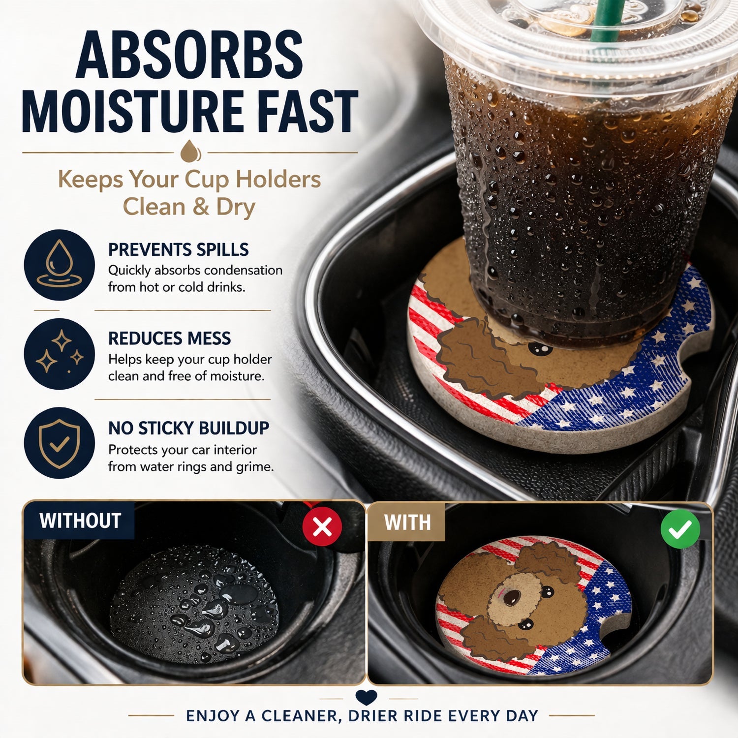 American Flag and Chocolate Brown Poodle Set of 2 Cup Holder Car Coasters Absorbent Round Sandstone Coasters Gifts for Men or Women, 2.5, Multicolor