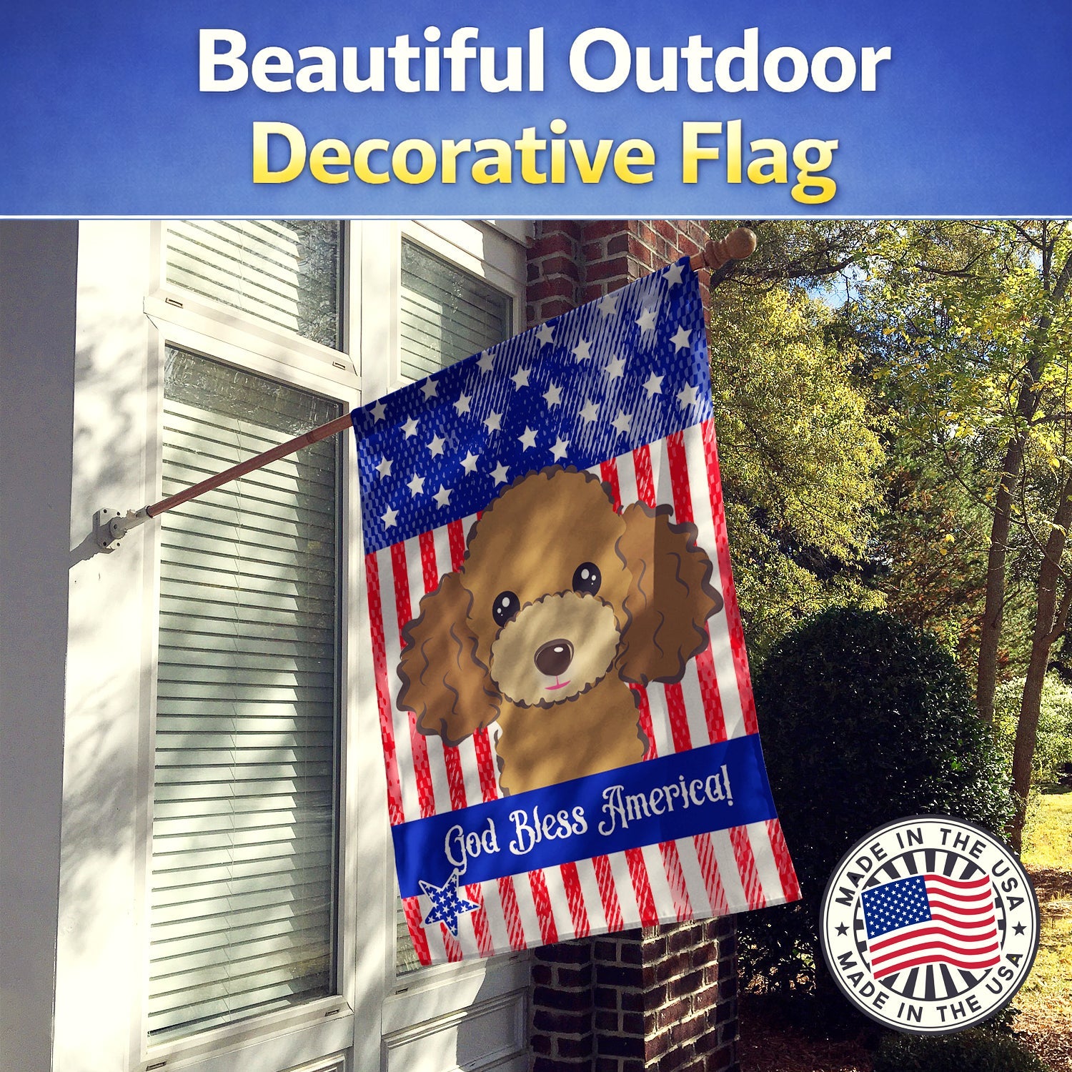 American Flag and Chocolate Brown Poodle House Flag 28x40 Porch Sleeve Pole Decorative Outside Yard Banner Artwork Wall Hanging, Polyester