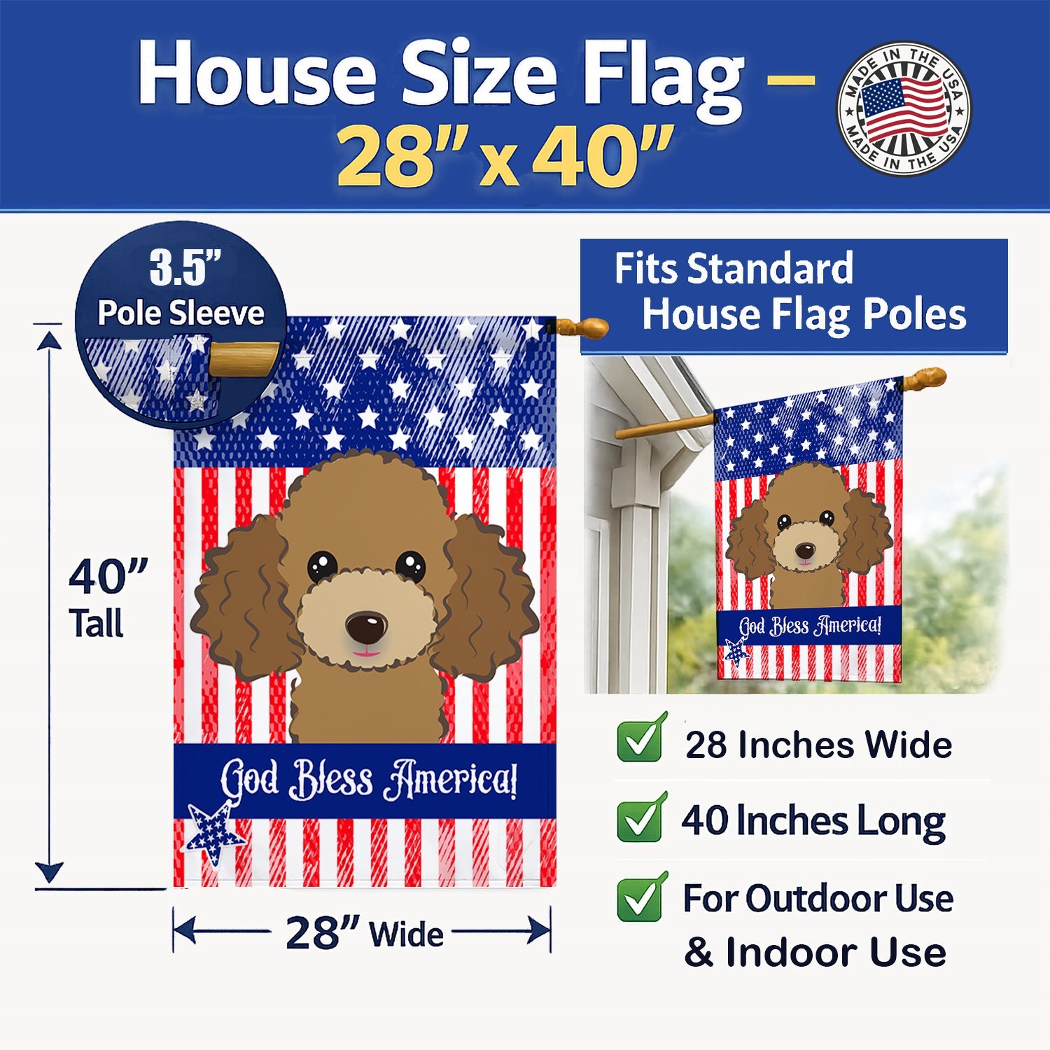 American Flag and Chocolate Brown Poodle House Flag 28x40 Porch Sleeve Pole Decorative Outside Yard Banner Artwork Wall Hanging, Polyester