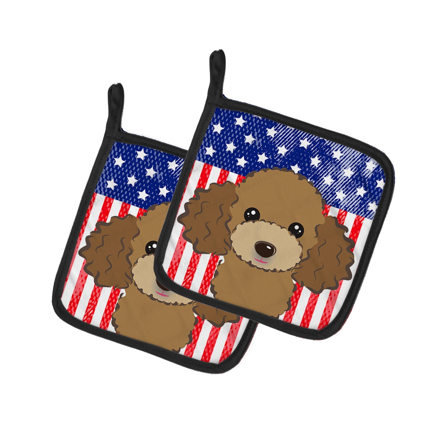 American Flag and Chocolate Brown Poodle Pot Holder Set of 2 Heat Resistant Quilted Hot Pads 7.5 x 7.5 Inch, Insulated Kitchen Trivets for Cooking & Baking