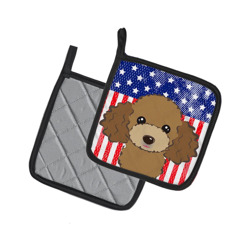 American Flag and Chocolate Brown Poodle Pot Holder Set of 2 Heat Resistant Quilted Hot Pads 7.5 x 7.5 Inch, Insulated Kitchen Trivets for Cooking & Baking