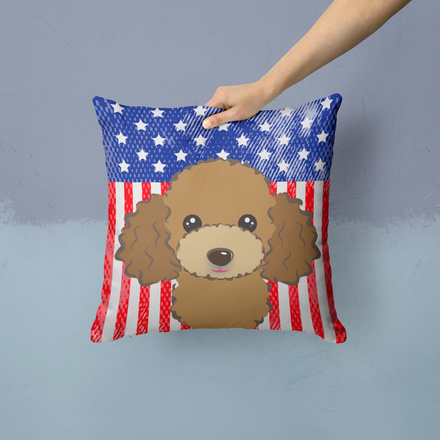 American Flag and Chocolate Brown Poodle Decorative Throw Pillow 14x14 Indoor Outdoor Accent Cushion, Fabric Cover with Insert for Sofa, Bed, Porch & Living Room