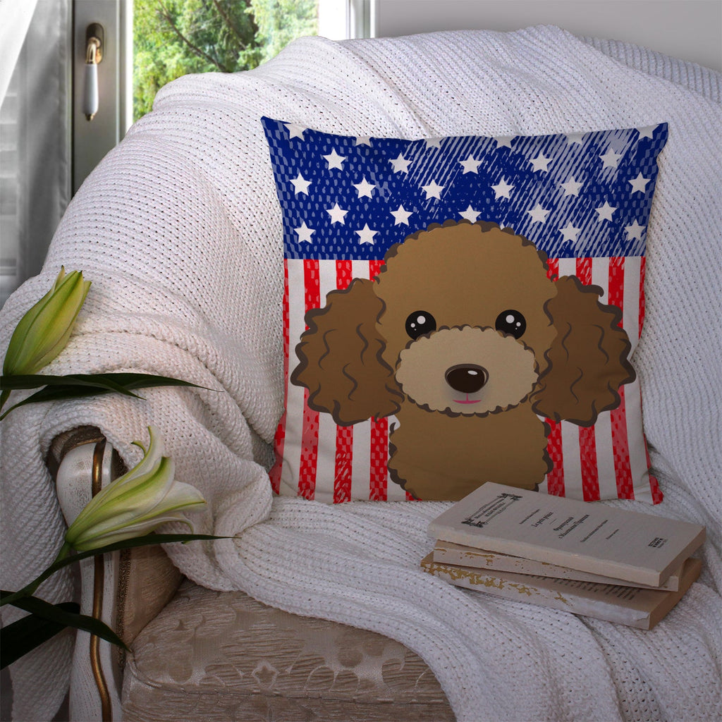 American Flag and Chocolate Brown Poodle Decorative Throw Pillow 14x14 Indoor Outdoor Accent Cushion, Fabric Cover with Insert for Sofa, Bed, Porch & Living Room