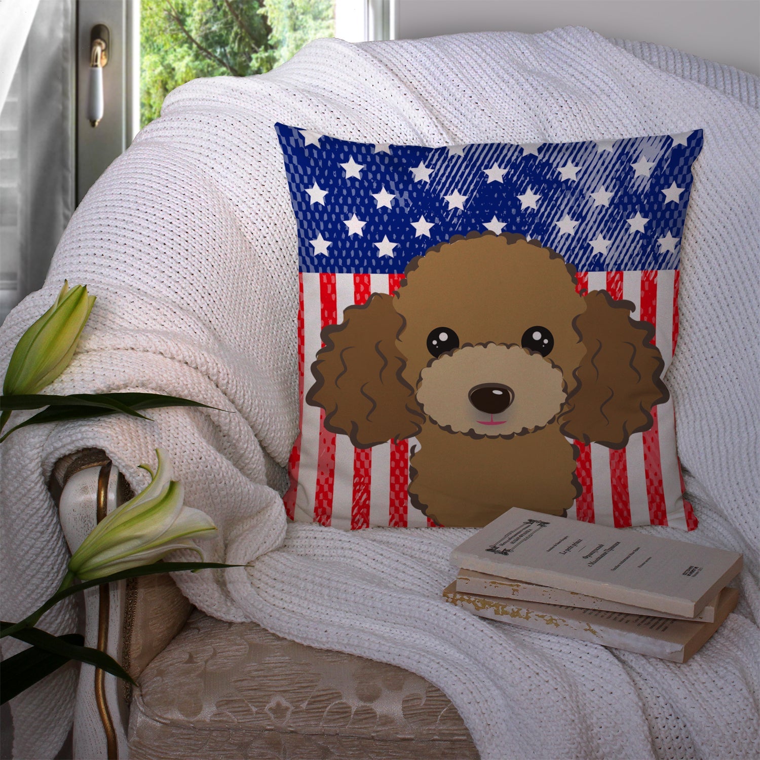 American Flag and Chocolate Brown Poodle Decorative Throw Pillow 14x14 Indoor Outdoor Accent Cushion, Fabric Cover with Insert for Sofa, Bed, Porch & Living Room