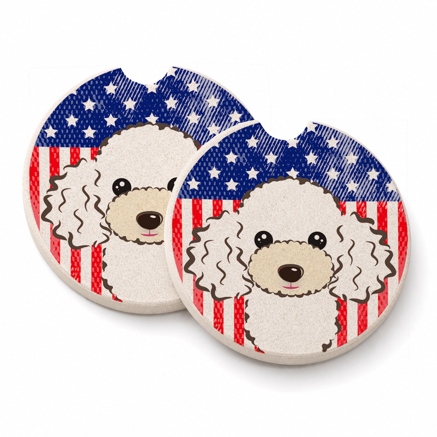 American Flag and White Poodle Set of 2 Cup Holder Car Coasters Absorbent Round Sandstone Coasters Gifts for Men or Women, 2.5, Multicolor